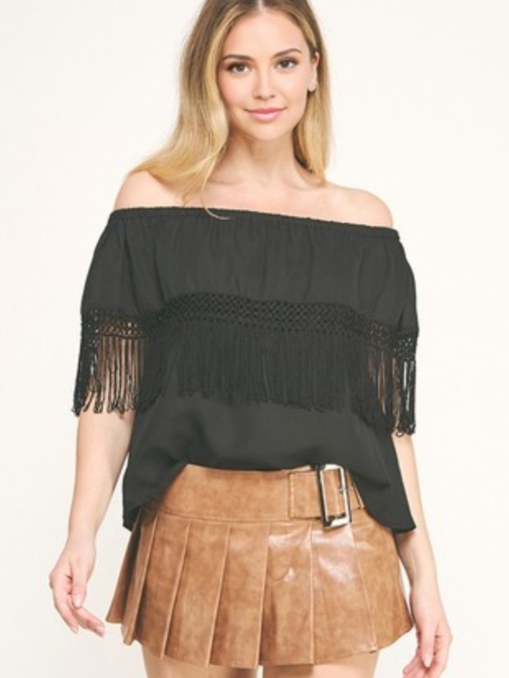 Off-Shoulder Black Fringe Top - Women's Stylish Blouse